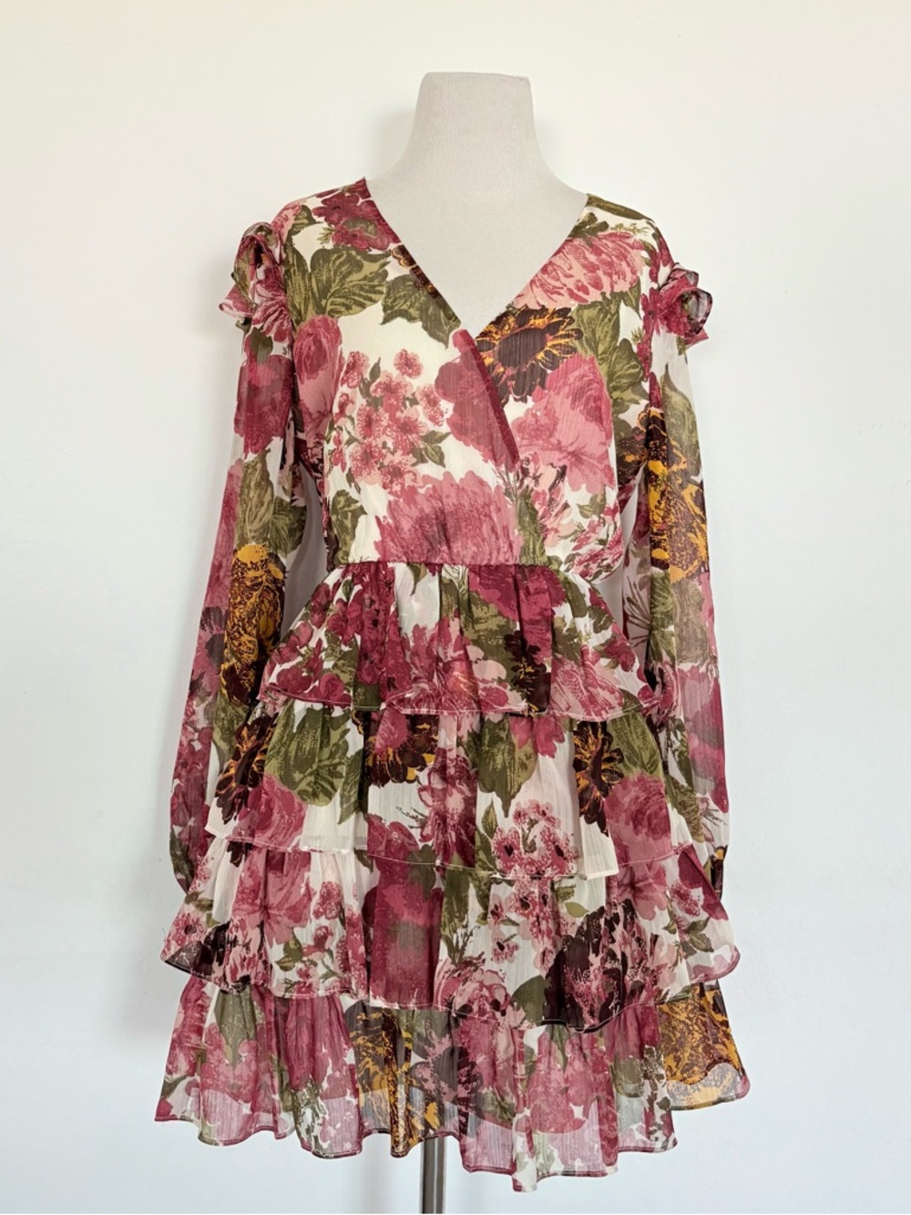 WAYF Floral Tiered Ruffle Mini Dress - Pink & Green